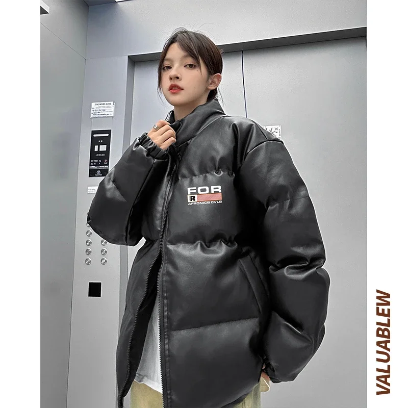 Streetwear Fashion Letter Print PU Leather Parkas Coat Women American Retro Winter Thick Warm Oversize Cotton Padding Jacket Men