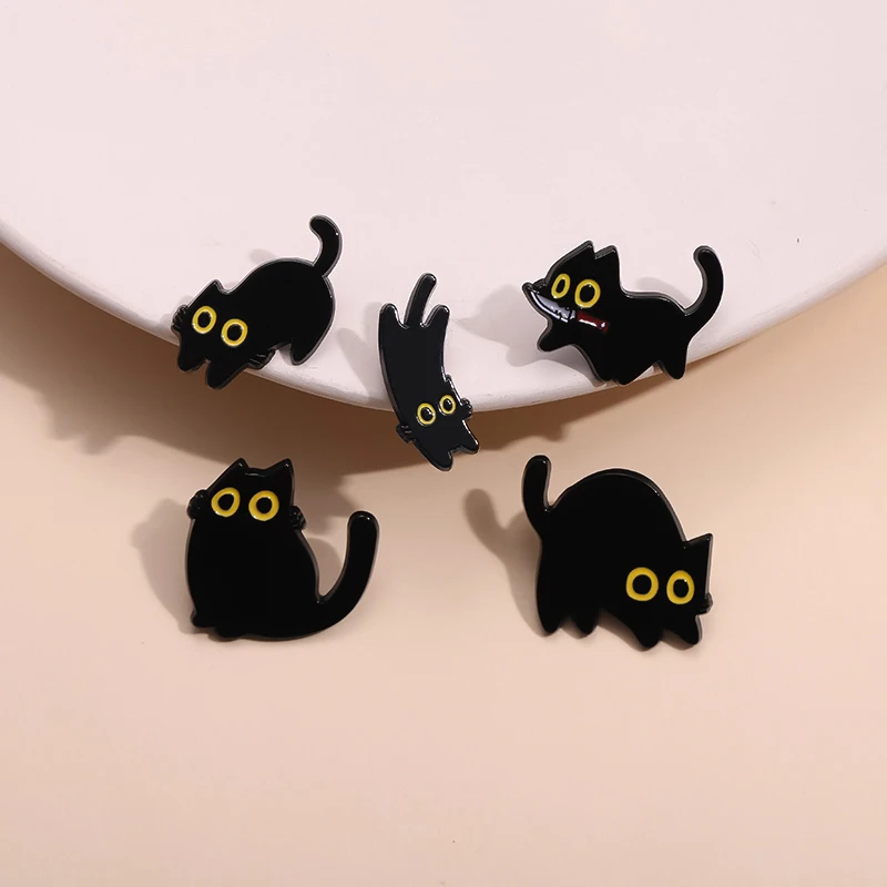 Dagger Black Kitten Enamel Pins Punk Animal Cat With Big Eyes Brooches Lapel Badge Backpack Cartoon Accessories Jewelry Pin Gift