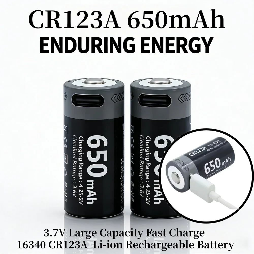 

Аккумулятор литий-ионный перезаряжаемый 3.7V CR123A 16340 с быстрой зарядкой USB-C, большой емкости, для фонарика