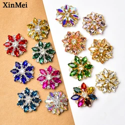 6Pcs 28mm Silver Gold Metal Inlaid Rhinestone Flower Button Flat Back Crystal Trim Buckle for Clothing Shoes Hair Accessories