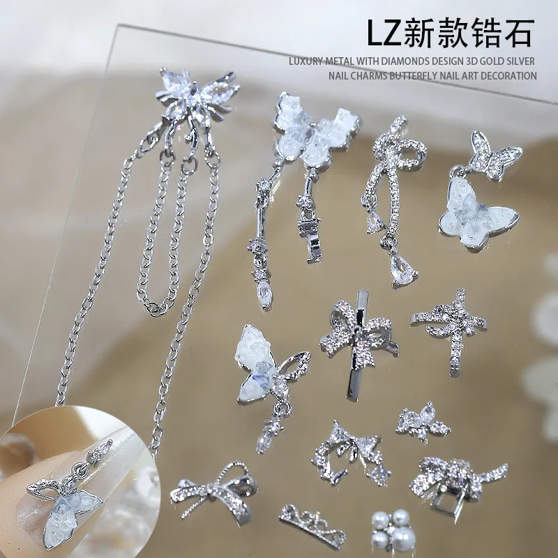 2PCS Luxury Sparkle Zircon Silver Bow Ribbon Butterfly Chains Pendant Nail Art Rhinestones Jewel Decorations Manicure Charms