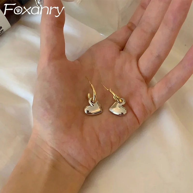 Foxanry Prevent Allergy Love Heart Stud Earrings For Women Girls Simple Creative Elegant Classic Sweet Engagement Jewelry Gifts