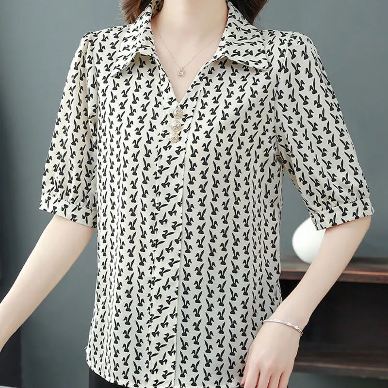 Commute Stylish Printed Blouse Chic Button Women\'s Clothing Casual Turn-down Collar Chic Button Spring Summer 3/4 Sleeve Shirt