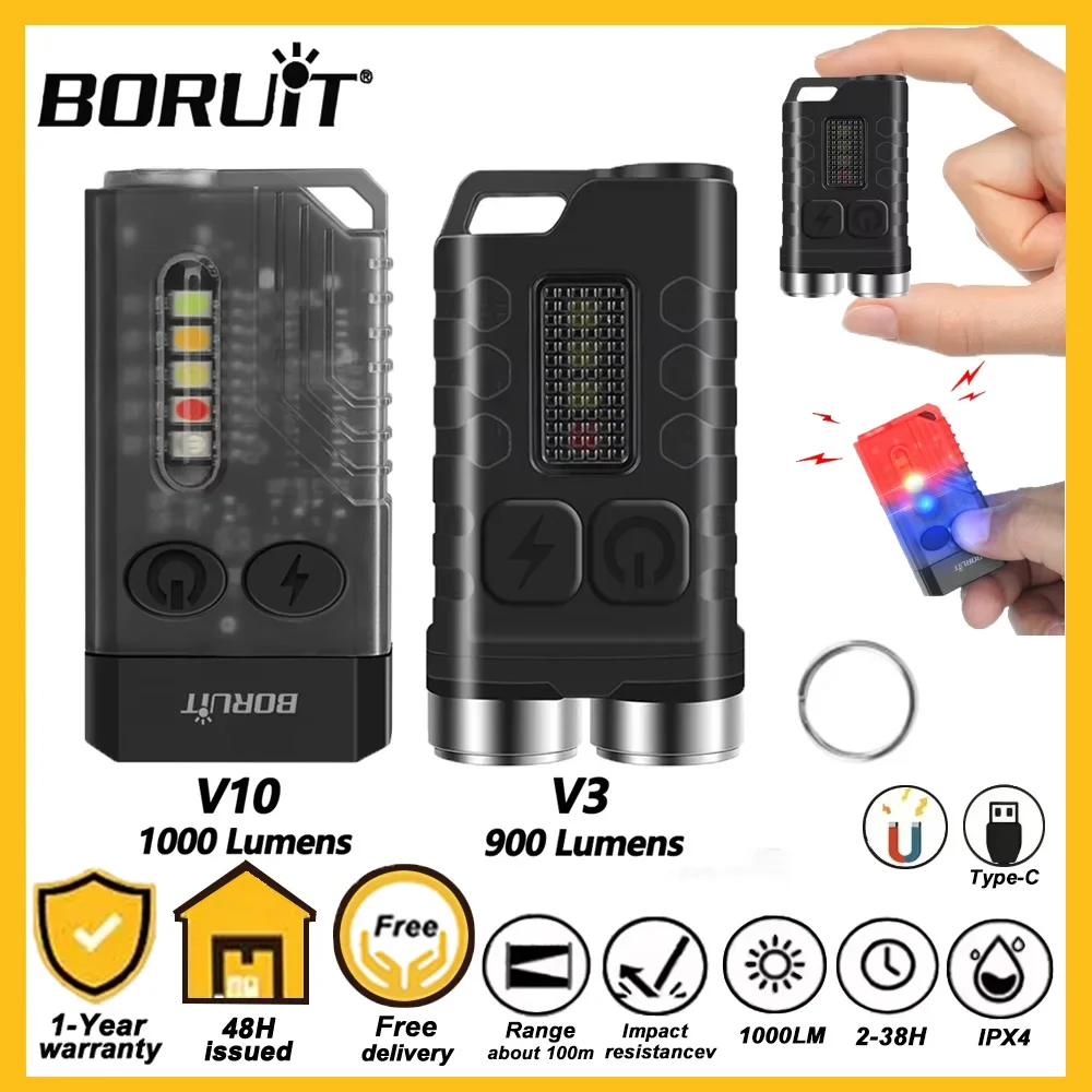 BORUiTV3/V10 LED Keychain Light Powerful EDC Pocket Flashlight Type-C Rechargeable FlashTorch With Red UV Light Fishing Lamp