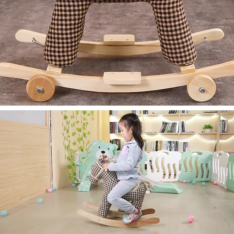 2 In 1 Children\'s Wooden Plaid Rocking Horse Stroller Music Balance Chair with Wheels Baby Toy Baby Birthday Gift