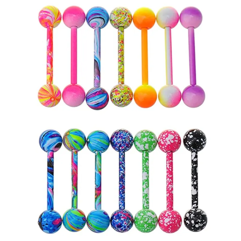 6PCS Paint Tongue Piercing Lot Stainless Steel Glitter Tongue Rings Barbell Bulk Sexy Nipple Bars Set Barbell Piercing Jewelry