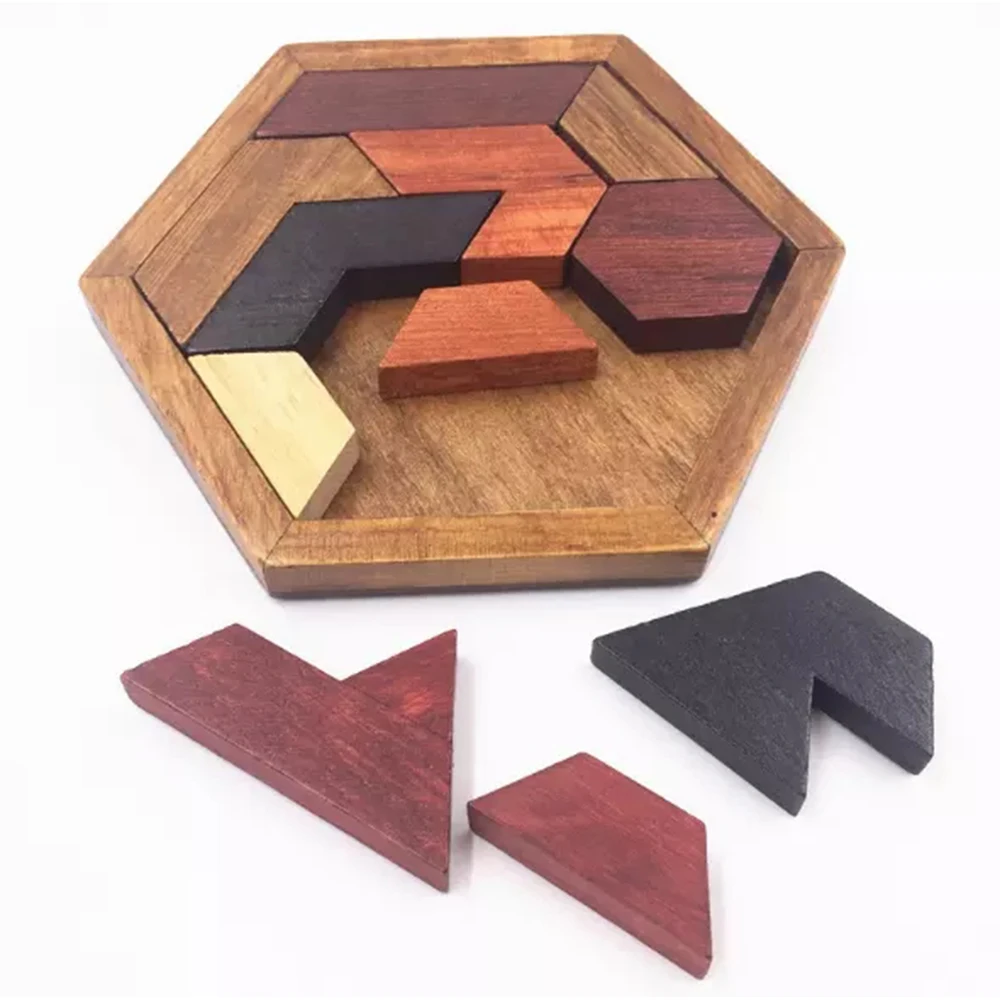 เกมปริศนาหกเหลี่ยมกระดานปริศนาไม้ Tangram Board IQ สมอง Teaser ของเล่นเพื่อการศึกษา