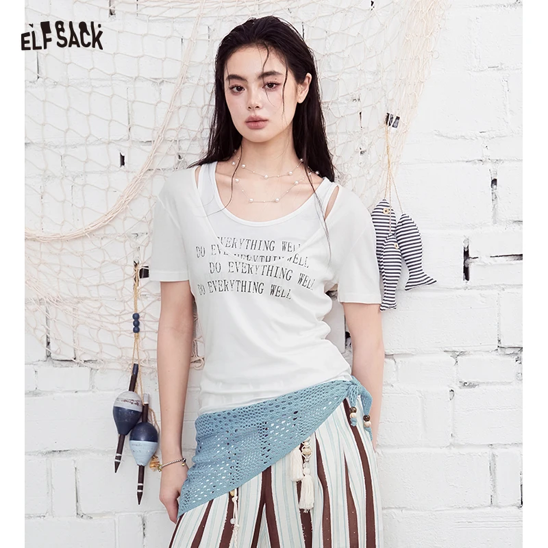 

ELFSACK Double-Layer Textured Fitted T-Shirt, Off-Shoulder Ruched Short Sleeve Top
