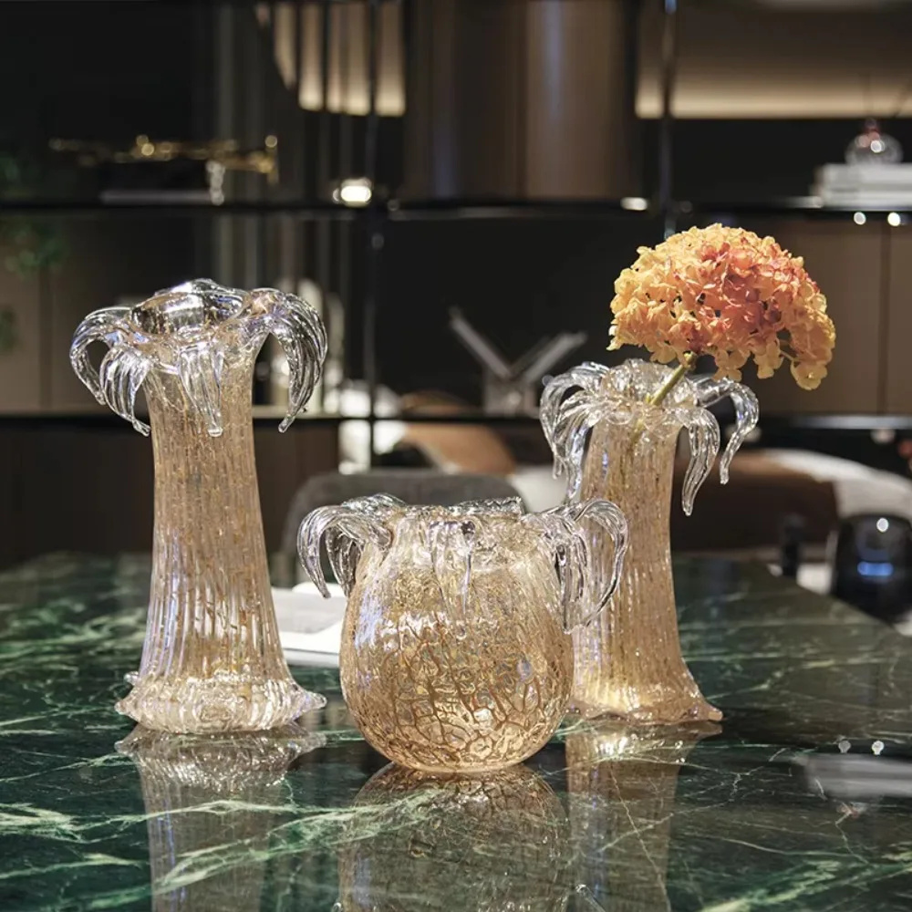 Modern hand-blown champagne gold glass vase, vine relief floral ornament, for luxury home decor in villas, galleries