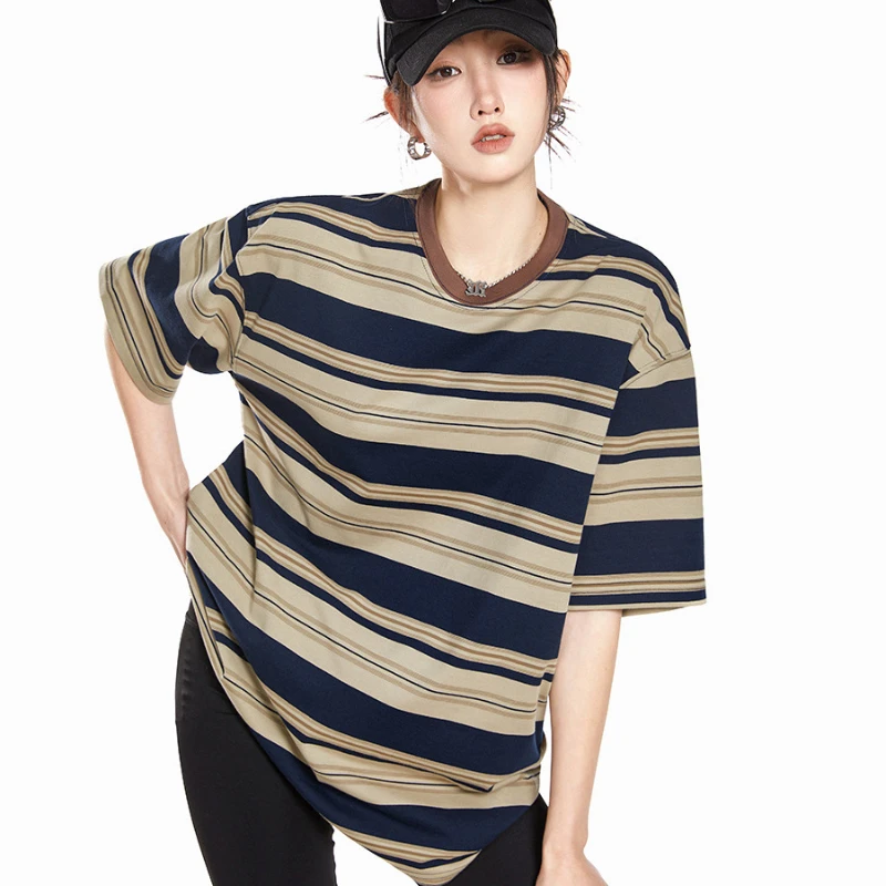 

American Fashion Brand Striped Retro Short Sleeve T-shirt For Girls Summer New Loose Crew Neck Street Casual Versatile Top Ins