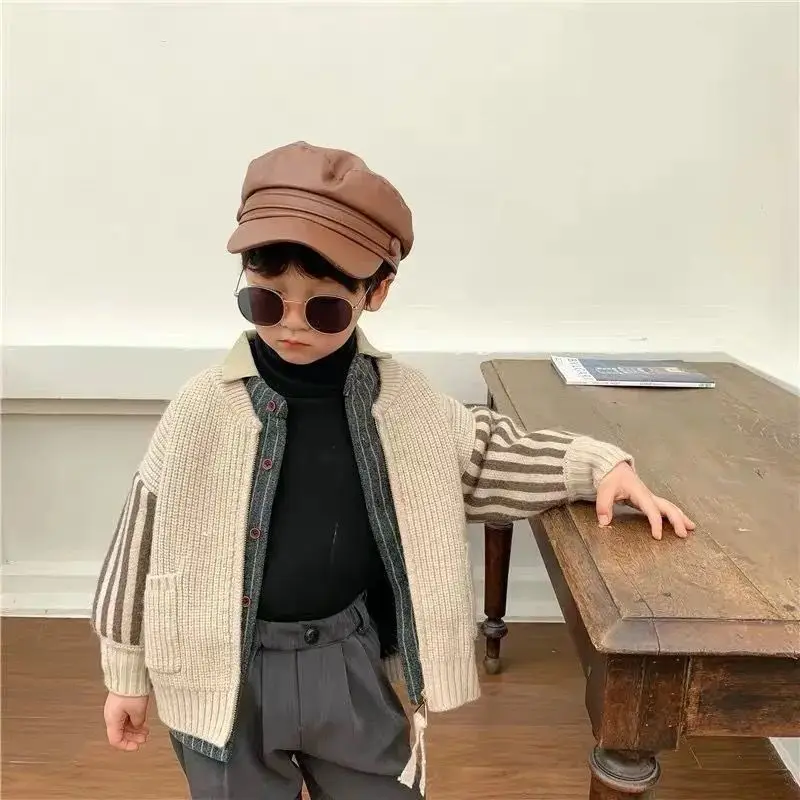 Spring Autumn Patchwork Fashion Stripe Kids Cardigan Harajuku Boy\'s Tops Loose Casual Outerwear Print Long Sleeve Girls Sweater