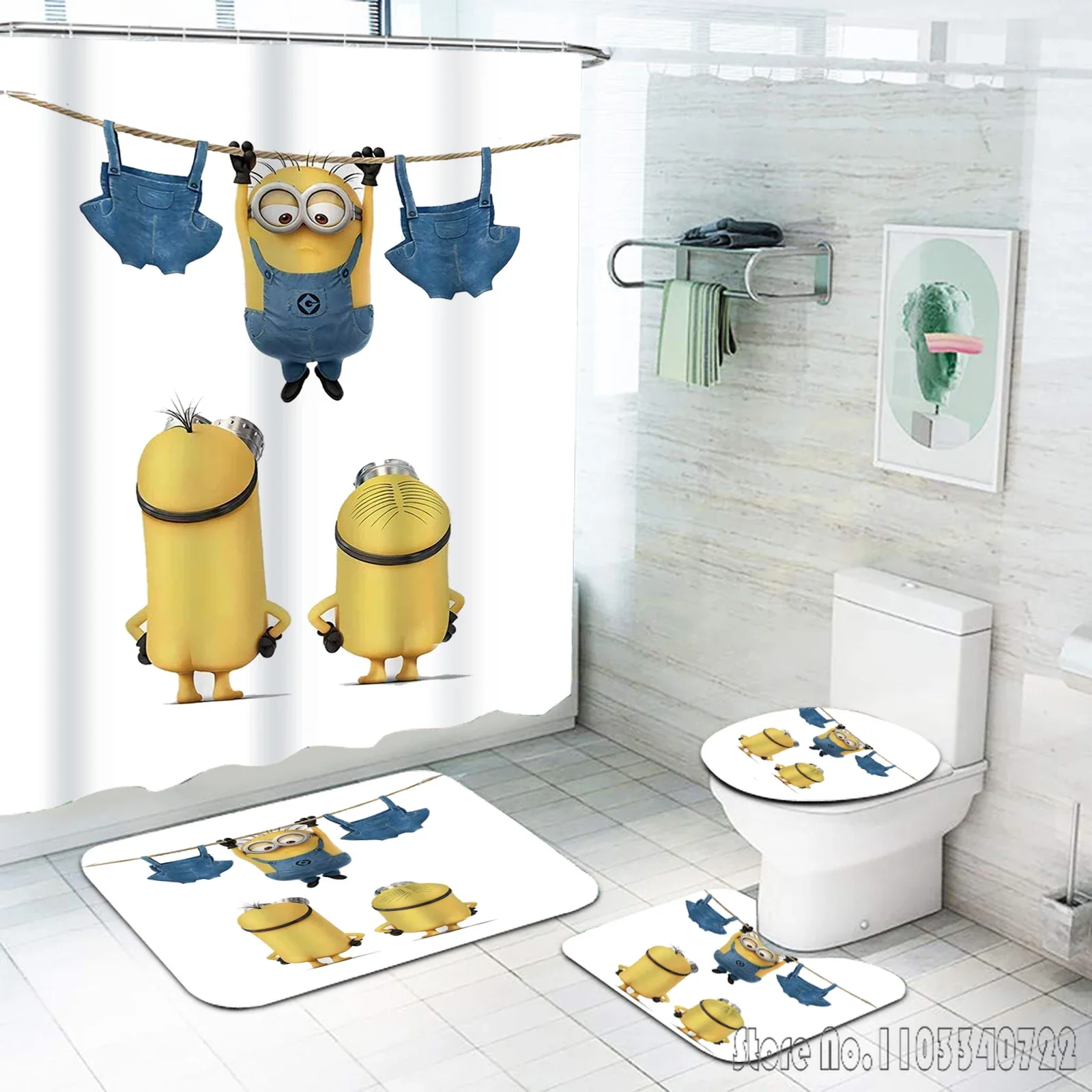 Baby Kids M-Minions Animal Anime Bath Shower Curtain Set 4pcs with Hooks Waterproof Bathroom Toilet Mat Lid Decor