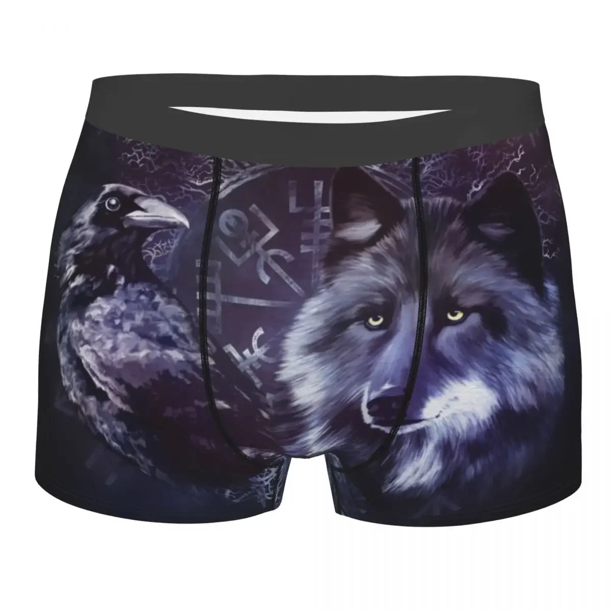 Cuecas boxer estampadas para homens, roupas íntimas, shorts, calcinhas, cuecas respiráveis, corvo e lobo, árvore da vida, calcinhas masculinas