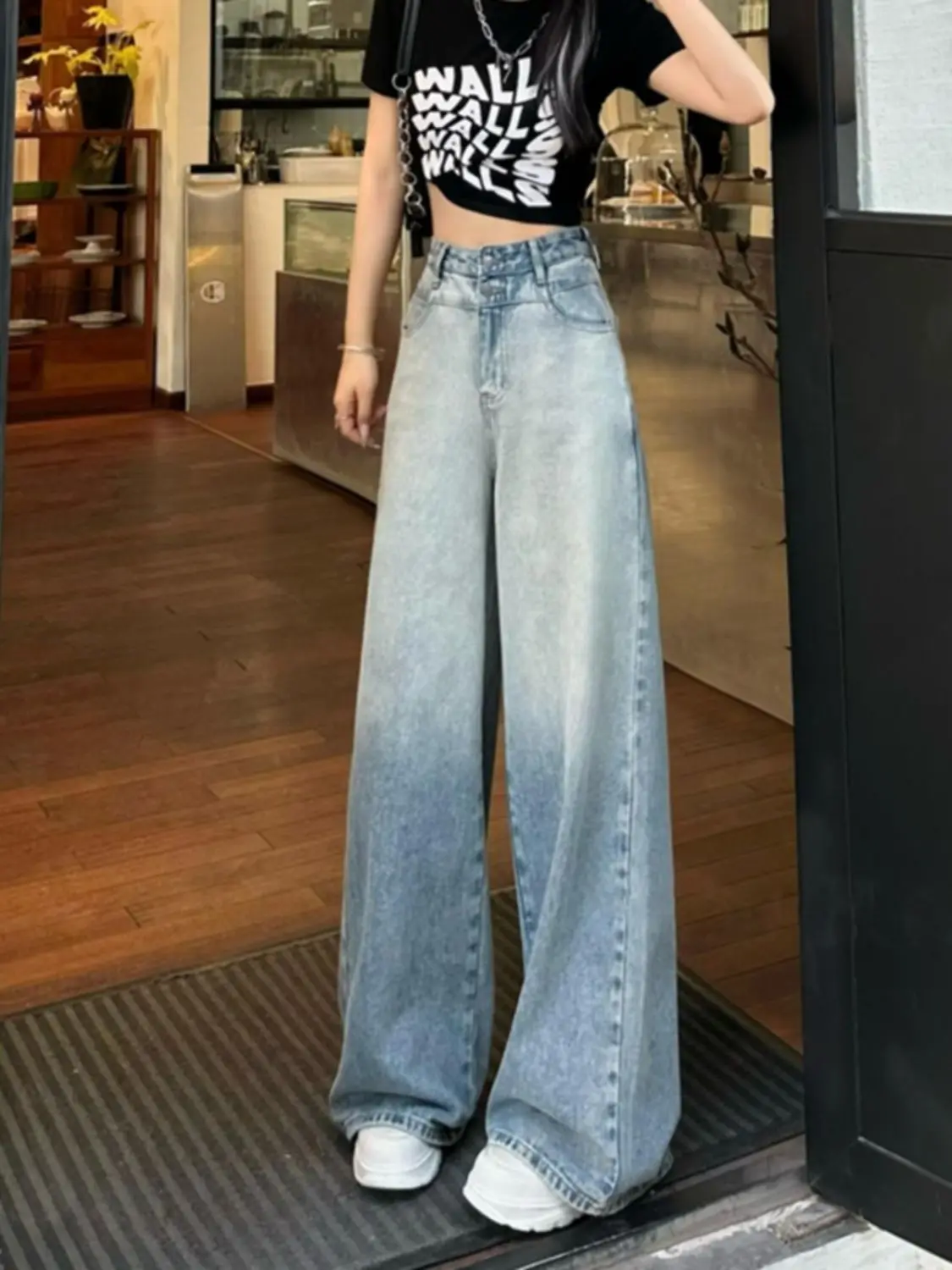 Damskie jeansy z wysokim stanem i szerokimi nogawkami, luźny krój, jasny kolor, letnie, nowe, wyszczuplające, uniwersalne, zwiewne spodnie dżinsowe, modne.