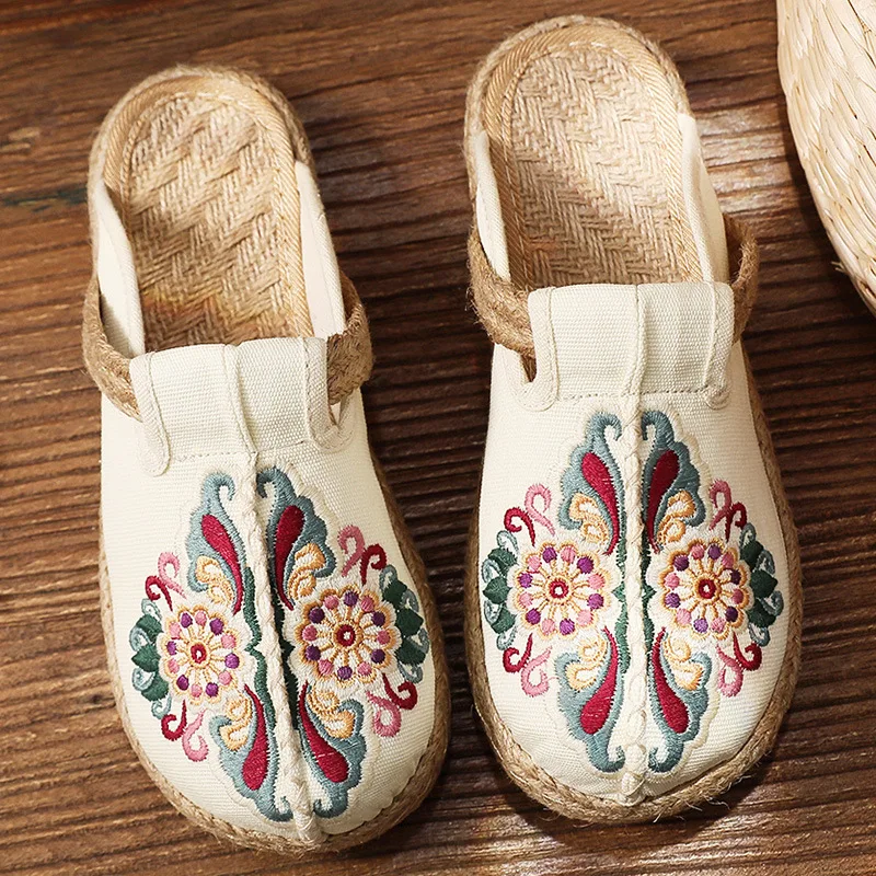 Shoes Women Slippers Casual Soft Luxury Lace-Up Sewing Slip-On Patchwork Round Toe PU Leisure Ethnic TPR Embroider Floral Canva