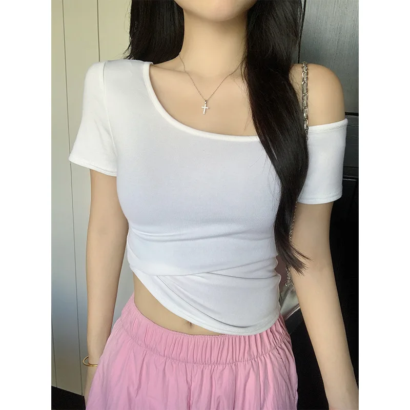 Y2K Summer T Shirt Women Korean Fashion Off Shoulder Short Sleeve Tee Shirt Female Slim Body Woman Kpop Vintage T-shirts Clothes