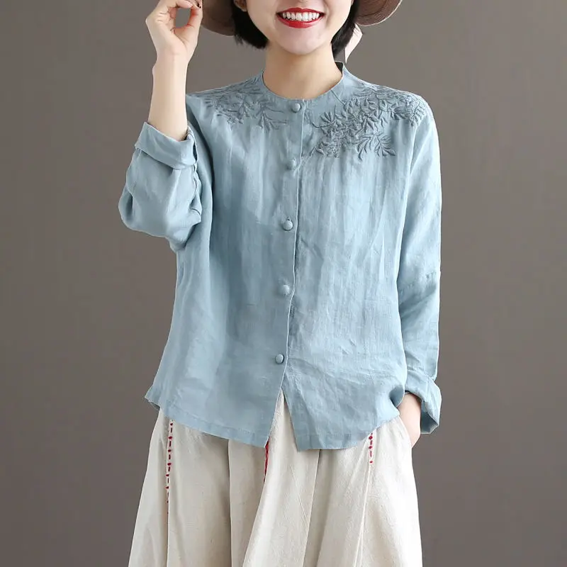 Cotton Linen Embroidered T Shirt For Women Spring Button New Chinese Style Plus Size Loose Pure Color Trendy All -matching Top