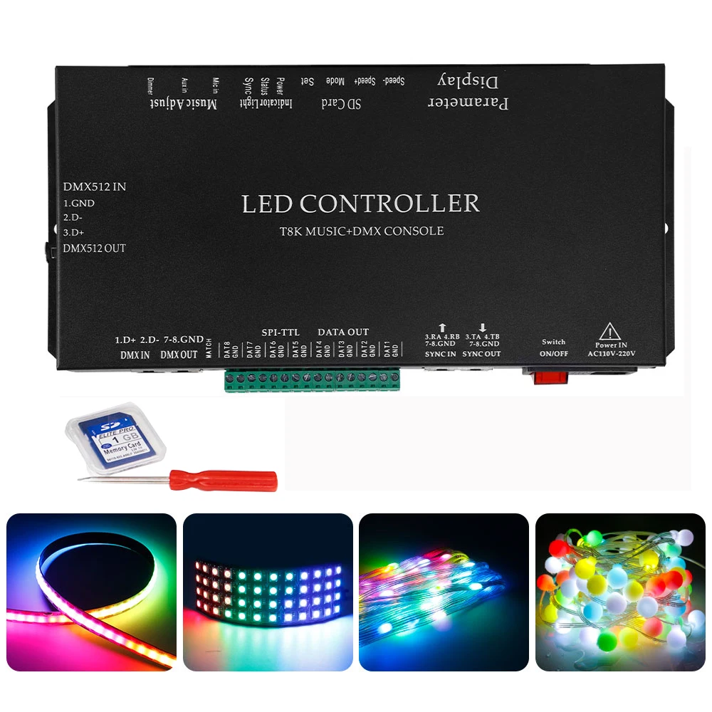 music console spi ttl led strip light controller canais de porta com microfone e aux in ws2811 ws2812b ws2813 ws2815 t8k 01