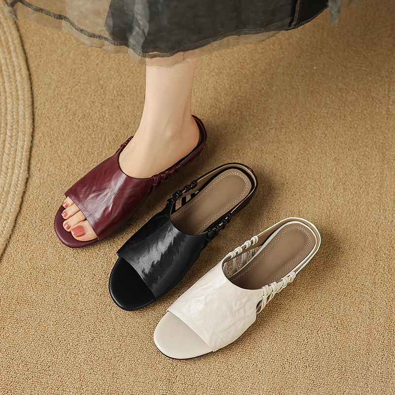2026 new summer women sandals natural leather plus size 22-25.5cm sheepskin+pigskin square toe mules women slippers fashion