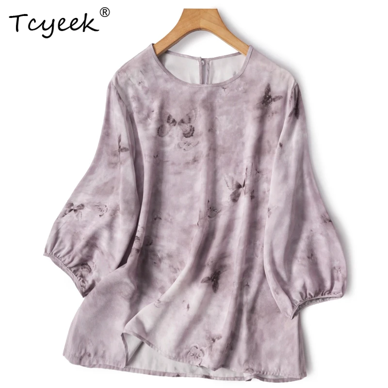 

Tcyeek 100% настоящий шелковый шелк, летние тонкие женские рубашки с круглым вырезом и рукавами семь четвертей, фиолетовый принт, Женская Одеждажностьжностьжность изменений сегзима