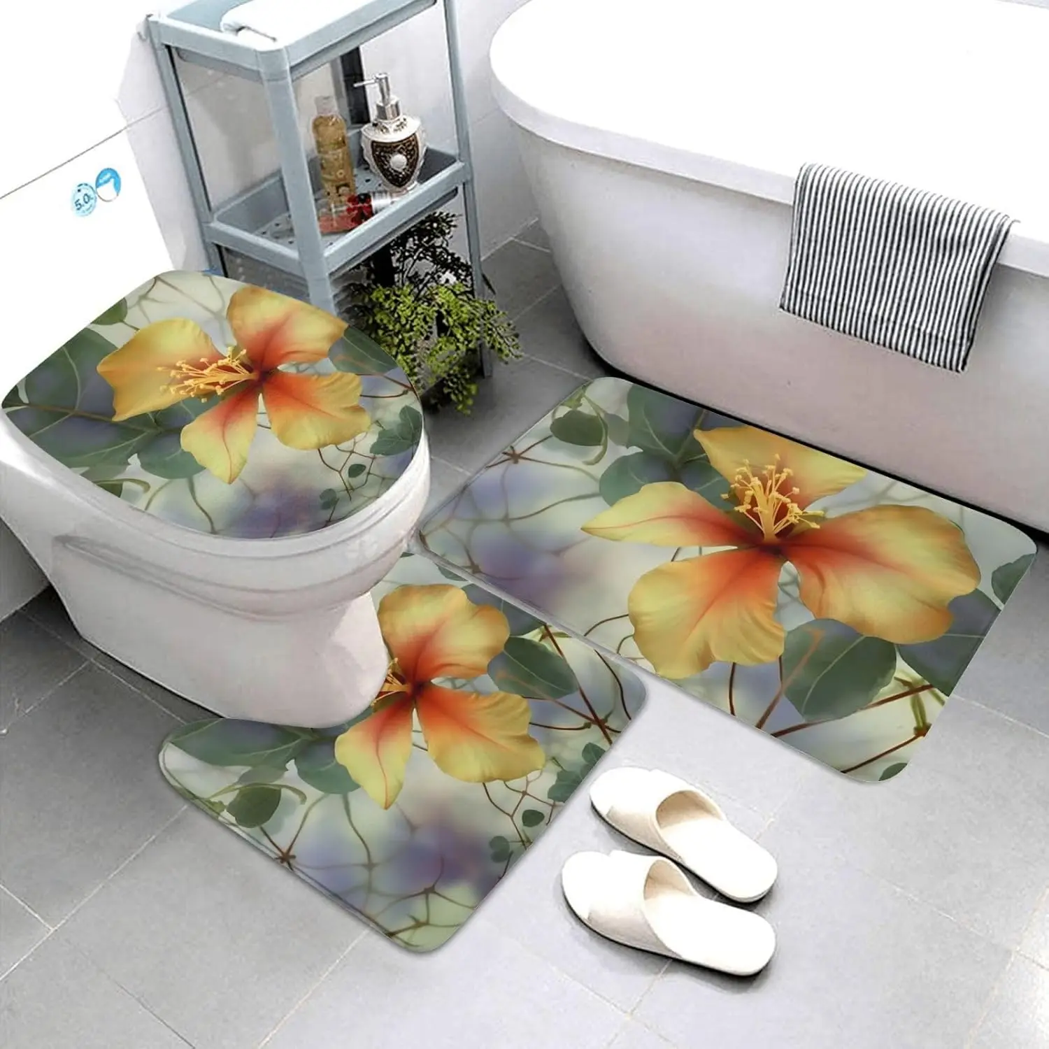 Green Eucalyptus Leaves Bathroom Rugs Sets 3 Piece, Non Slip Absorbent Bath Rug U-Shaped Contour Toilet Rug with Toilet Cover,