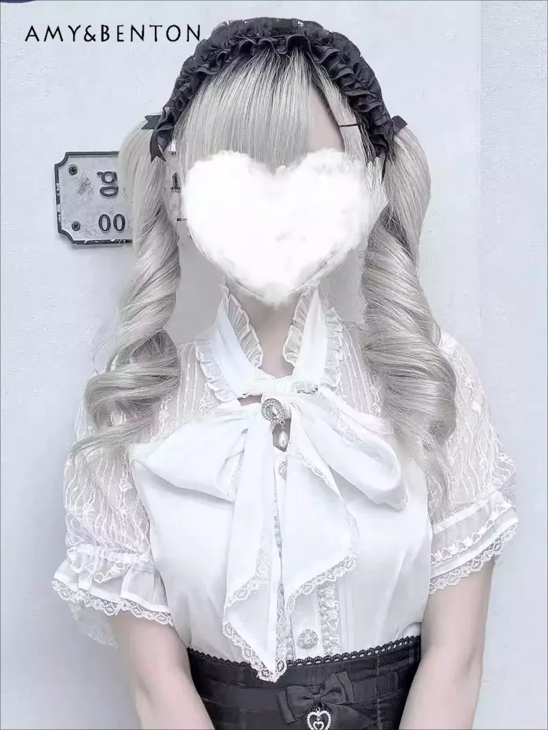

Landmine Series Mass-Produced Cute Bow Brooch Lace Chiffon Shirt Japanese Girl Fairy Style Stand Collar Short Sleeve Blouse