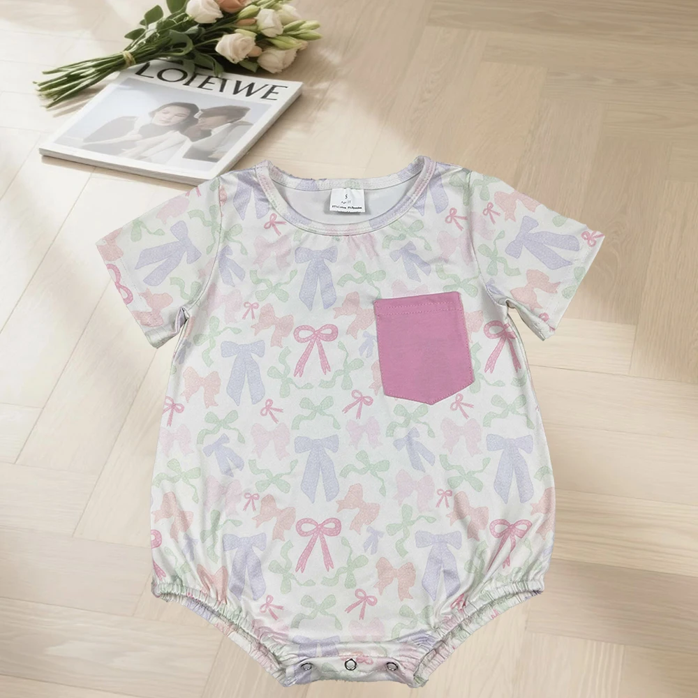 

NEW RTS Baby Girls Short Sleeve Colorful Bows Pockets Ruffle Rompers