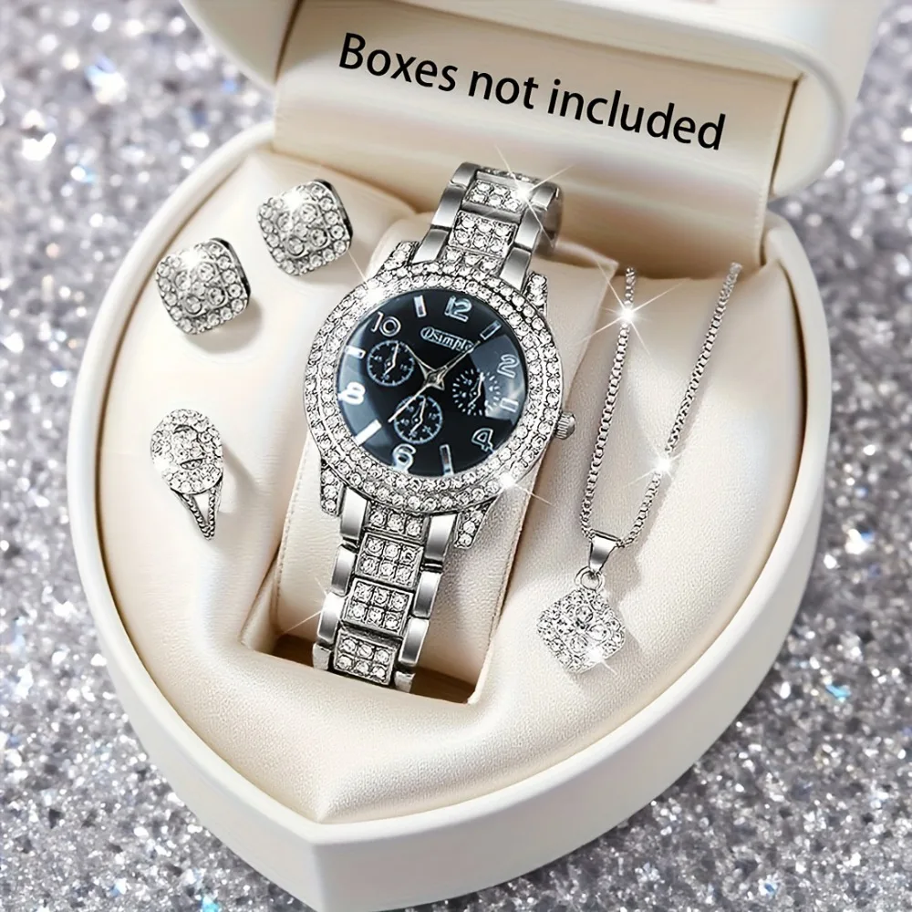 Luxury Ladies' Watch & Jewelry Set 5pcs, Quartz Wristwatch + Necklace + Earrings + Ring, Suitable As A Surprise Gift for Family