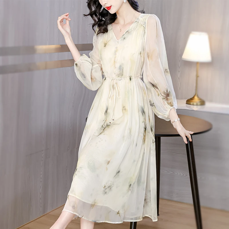 

2024 New Fashionable Silk Dress Women's Spring/Summer Retro Floral Print Dress French Loose Fitting Holiday Beach Style Vestidos