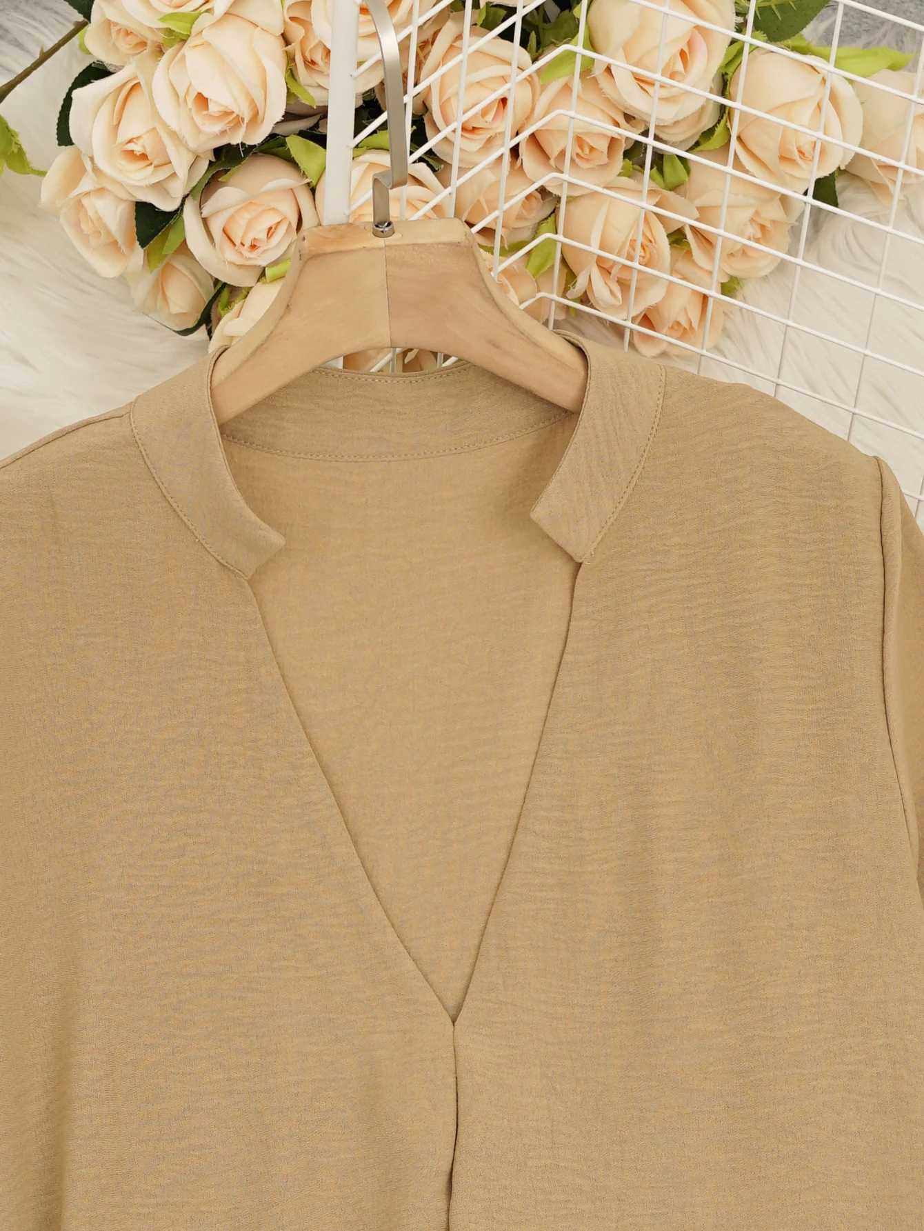 카멜 오버사이즈 맥시 드레스 |     여름 휴가를 위한 여성용 브이넥 반소매 사이드 슬릿 루즈 캐주얼 보헤미안 셔츠 드레스