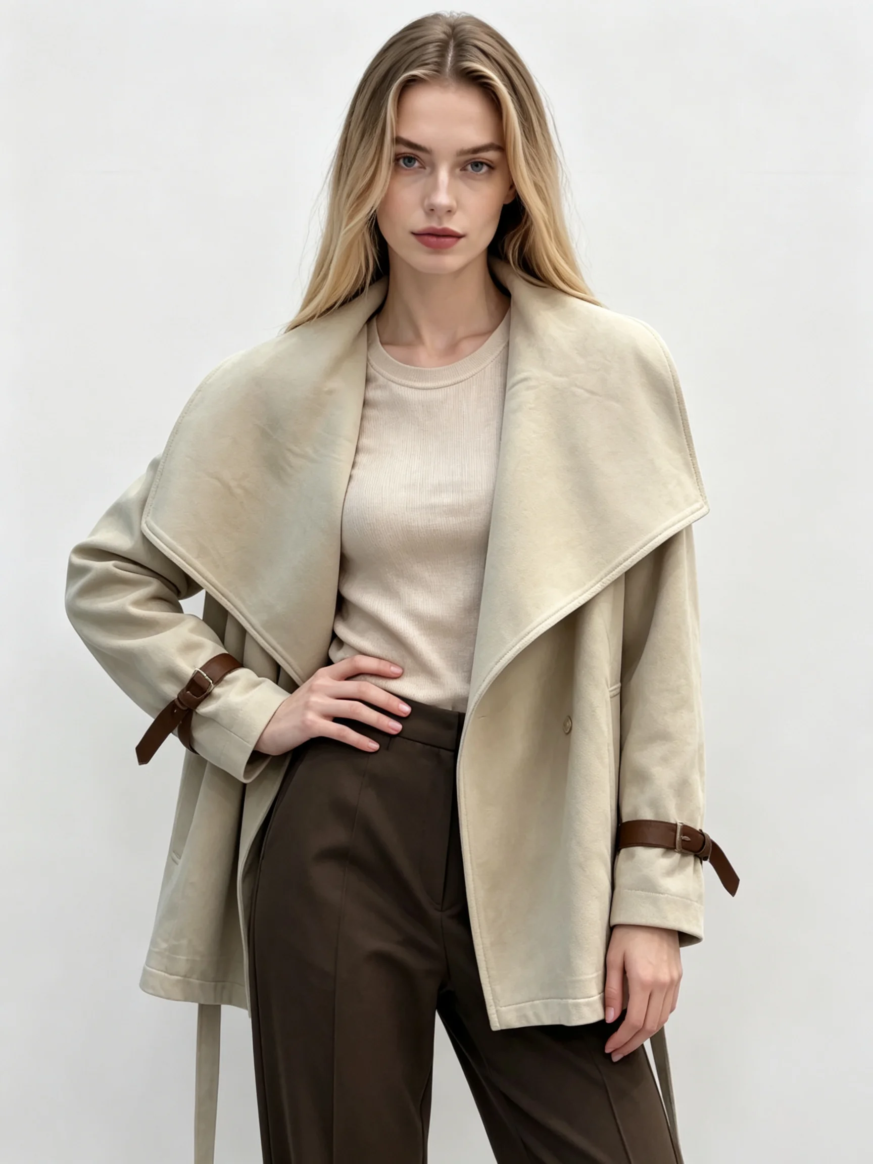 RU Ladies Wide Collar Short Jacket Cuff Strap Decor Loose Fashion Outerwear