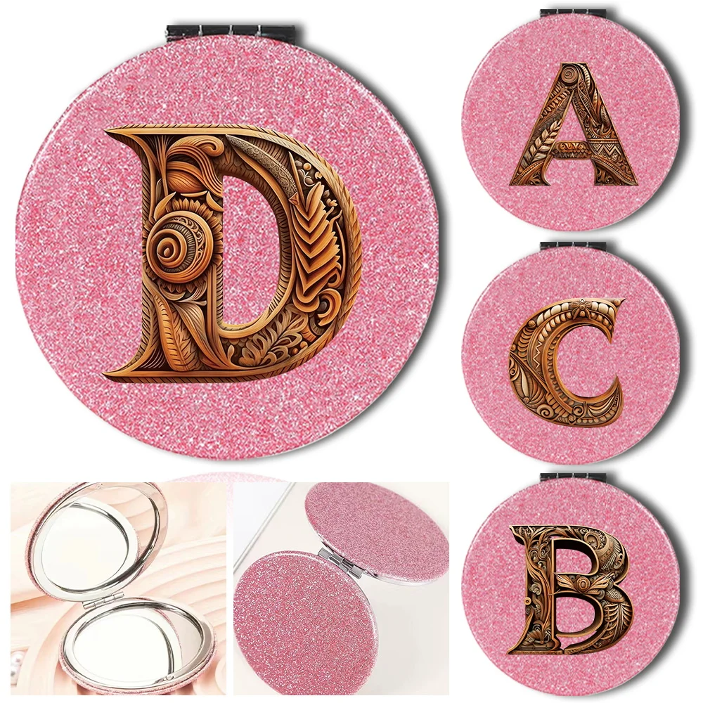 

Folding Shiny 2 Side Makeup Mirror Portable Pocket Cosmetic Mirror Round Case Magnify Beauty Tool Travel Wood Art Letter Pattern