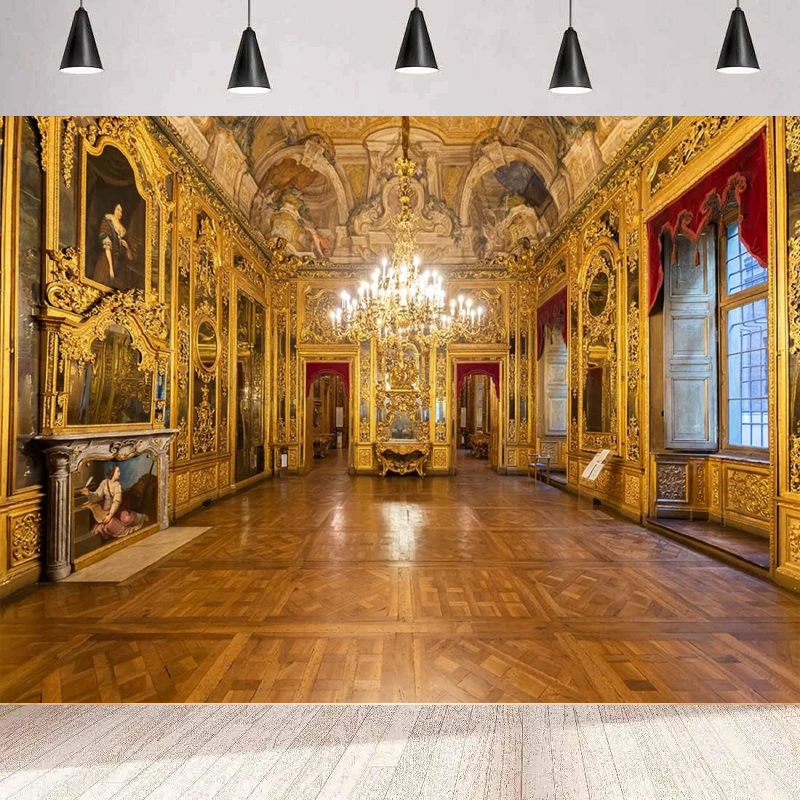 Photography Backdrop Luxurious Golden Royal Palace Hall Chandelier Ceiling Wall Mural Background Home Party Backdrop Wall Banner