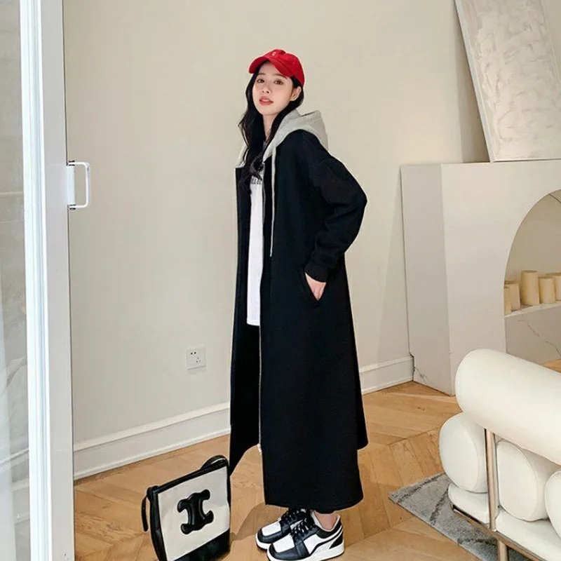 Long Loose Hooded Coat with Zipper, Commuting Hoodie, Black Jacket, Fashion Tren Over the Knee, Plus Size, Autumn and Winter, Ne