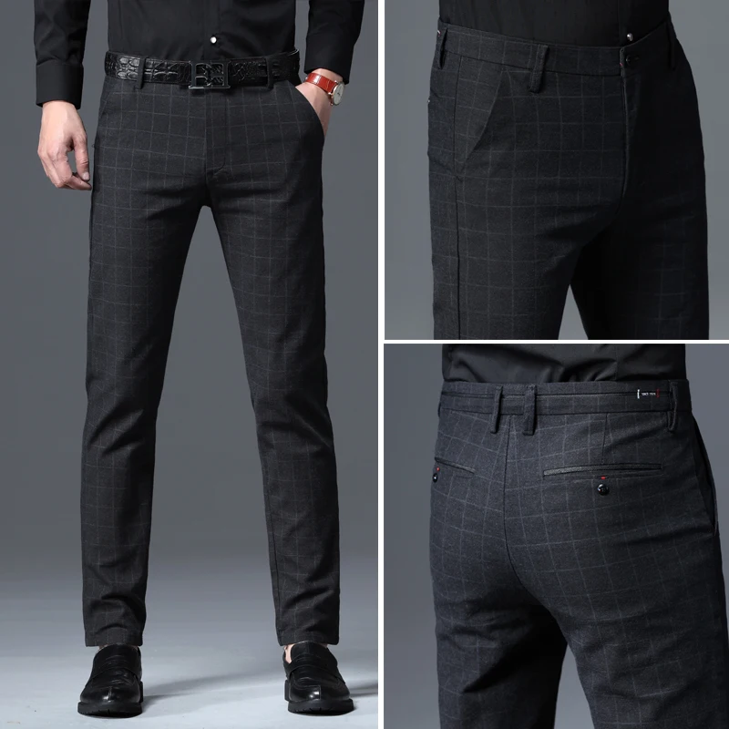 2024 Autumn New Men's Slim Plaid Casual Pants Fashion Soft Stretch Business Work Trousers Gentleman Brand Clothes Black Blue