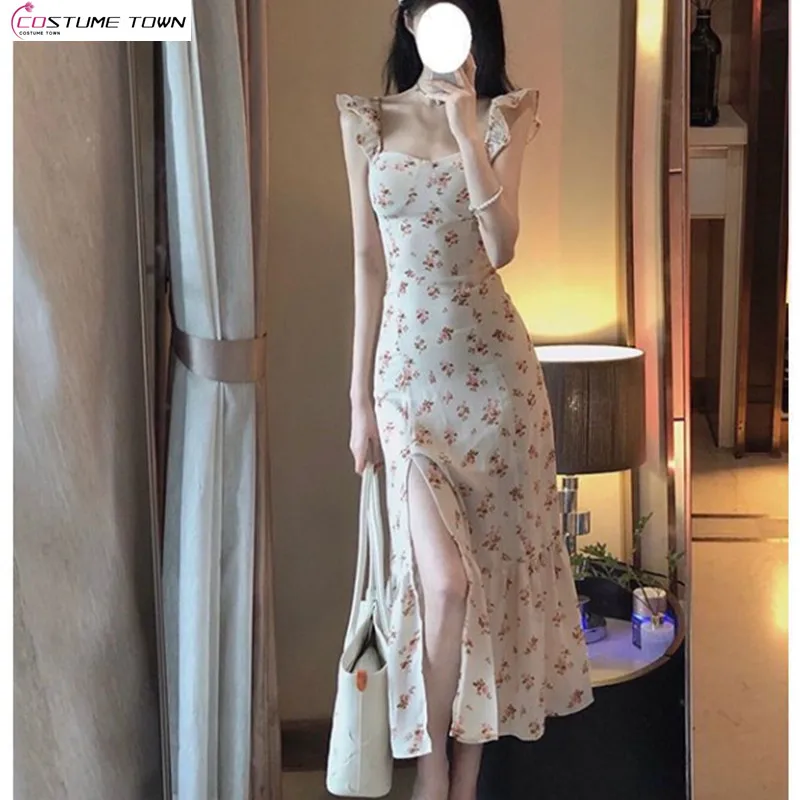 

Fragmented Flower Dress Women's 2023 Summer New French Retro Romantic Gentle Style Slim Fit Fashion Slim Strap Long Dress