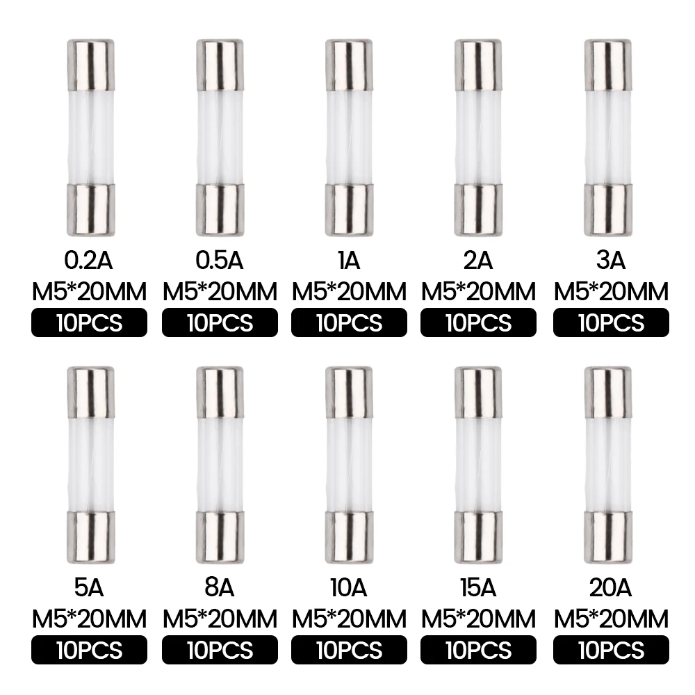 100 PCS Fast Blow Glass Fuse Box Kit 5x20 250V For Circuit Current Protection 5*20mm 0.2/0.5/1/2/3/5/8/10/15/20A