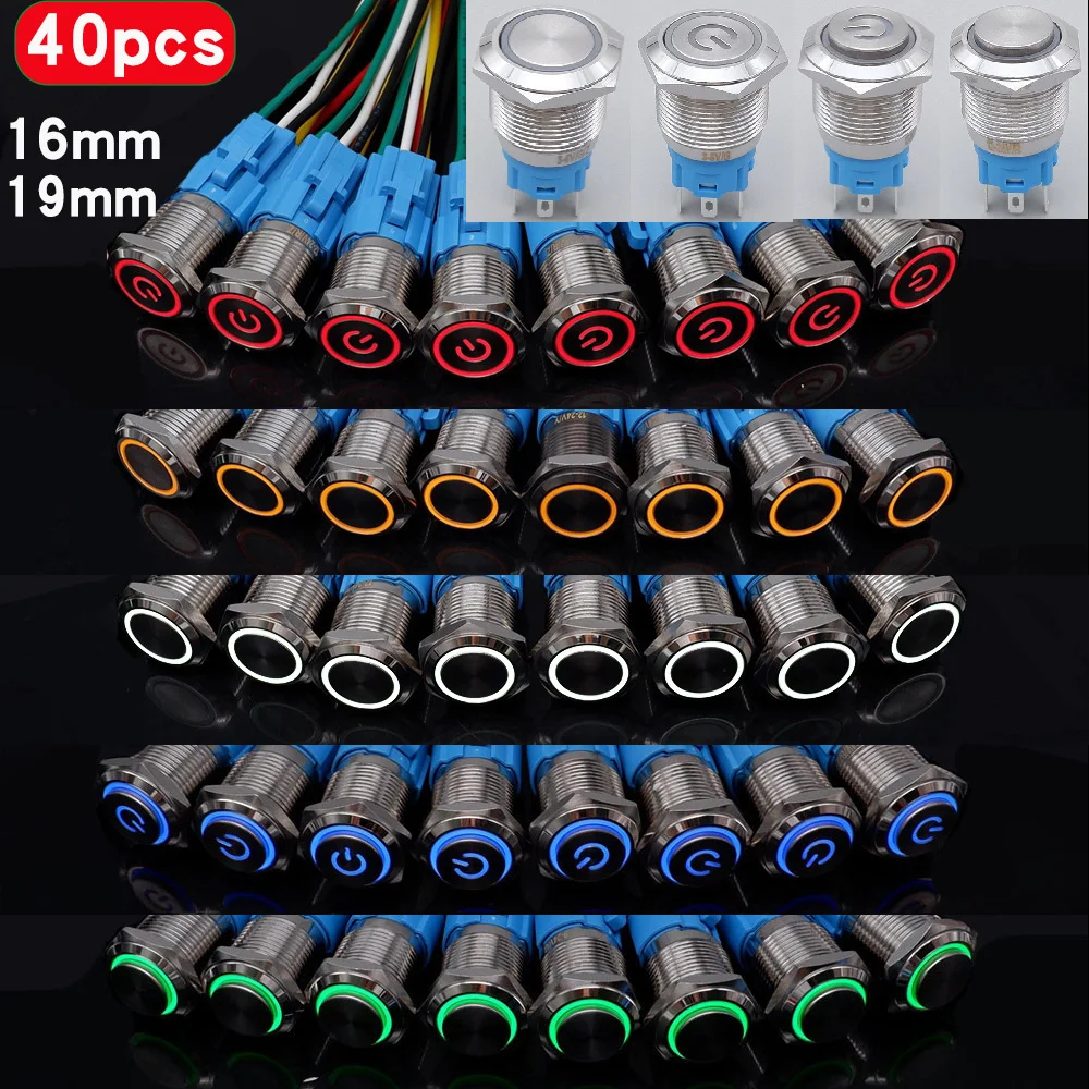40pcs 16mm 19mm On Off Switch 12v Metal Button Car Power Start Stop Led Light Waterproof with Socket 5V 6V 24V 110V 220V Blue