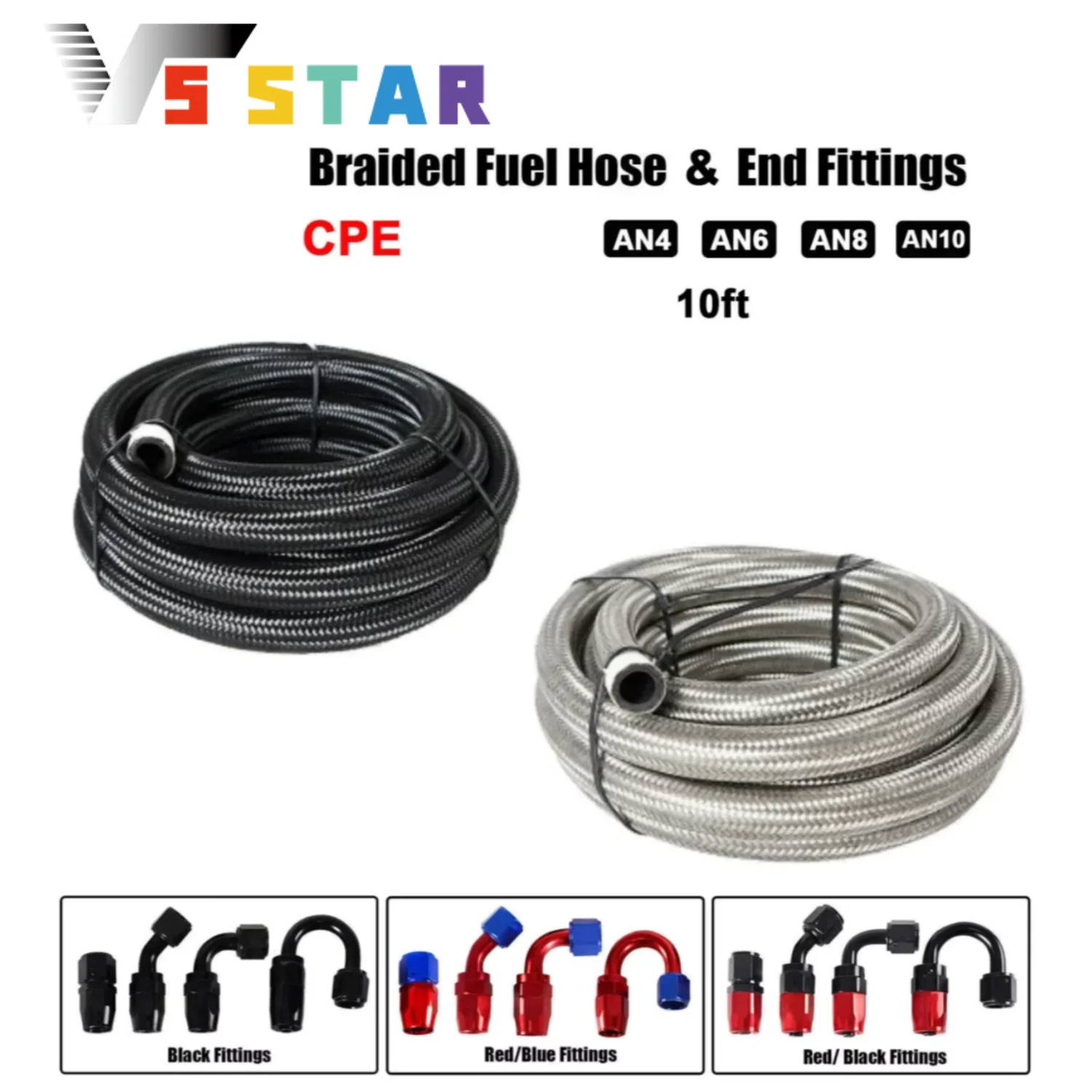 

High Quality Aluminum AN4 AN6 AN8 AN10 3M 3.05M 10FT CPE Braided Fuel Hose Oil Gas Air Line & 6pcs End Fittings Adapter TF-1014