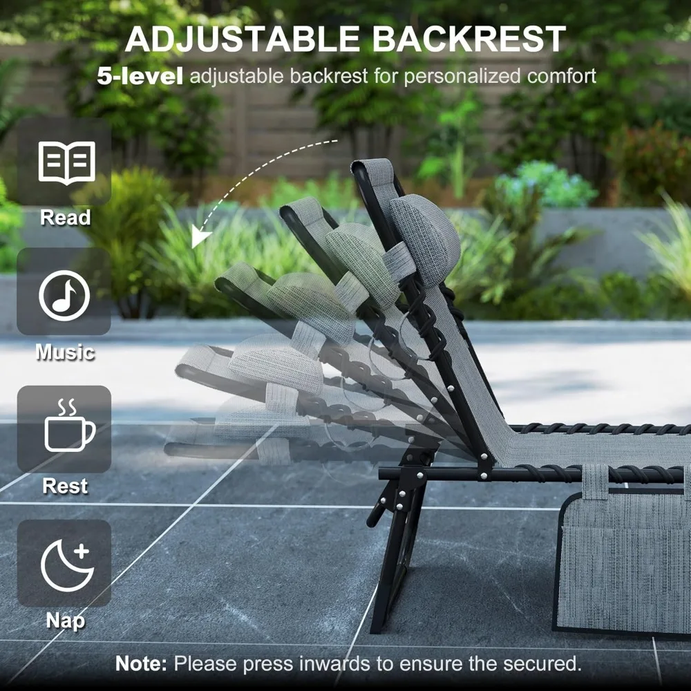 5-Position Adjustable Outdoor Chaise Lounge Chair with Side Pocket, Folding Design for Pool Patio Beach Garden, Gray