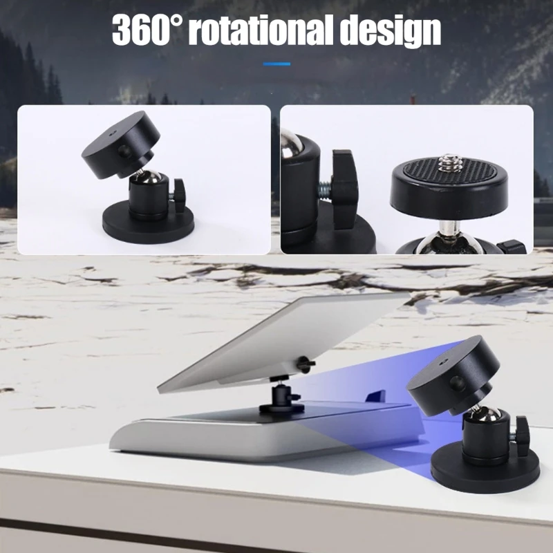 Positionable Equipment Mount with Aluminum Metal Construction, Locking Ball Head, and Removable Placement on Flat