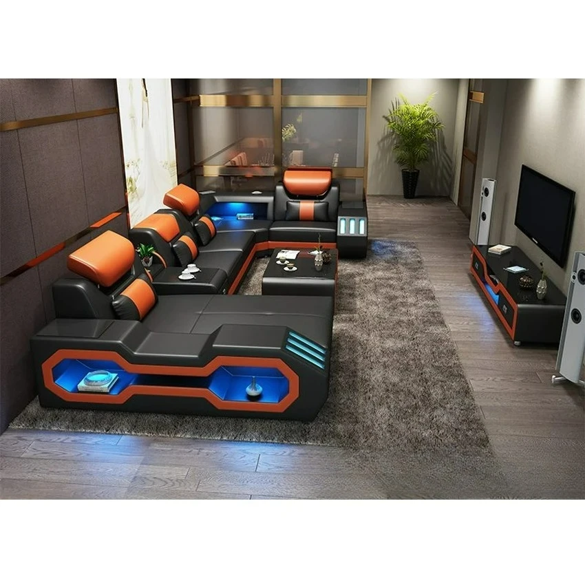 Customizable Modern LED Lighted Sofa Set with Recliner, Adjustable Headrest & Console