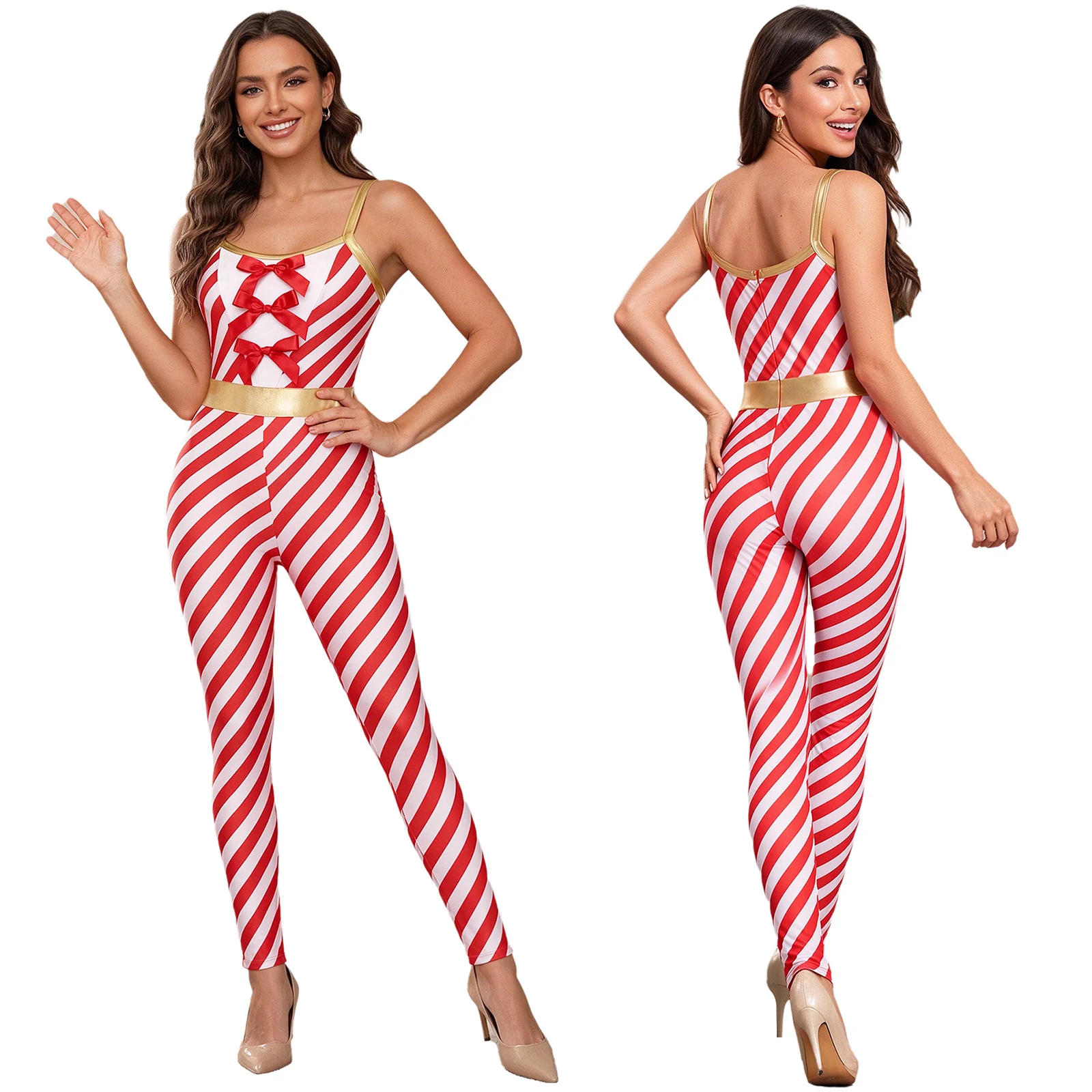 Women Christmas Candy Cane Striped Gymnastics Ballet Dance Jumpsuit Xmas Carnival Rave Party Circus Santa Claus Costume Clubwear