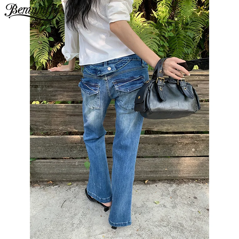 

Benuynffy 2000s Streetwear Low-waisted Jeans For Women 2026 Spring New Fashion Korean Style Retro Pockets Casual Flared Pants
