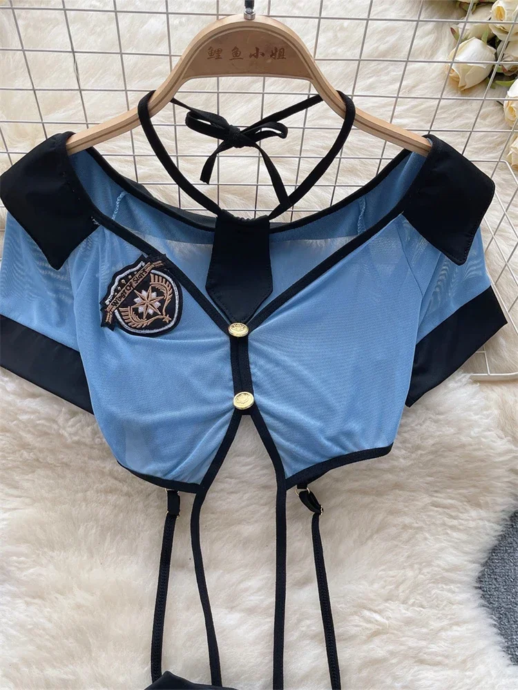 Toucheart-Conjuntos de Uniformes Sensuais Femininos, Top Sheer com Decote V, Mini Saia com Renda, Oco Fora, Ternos Pornôs Cosplay, Estilo Preppy,