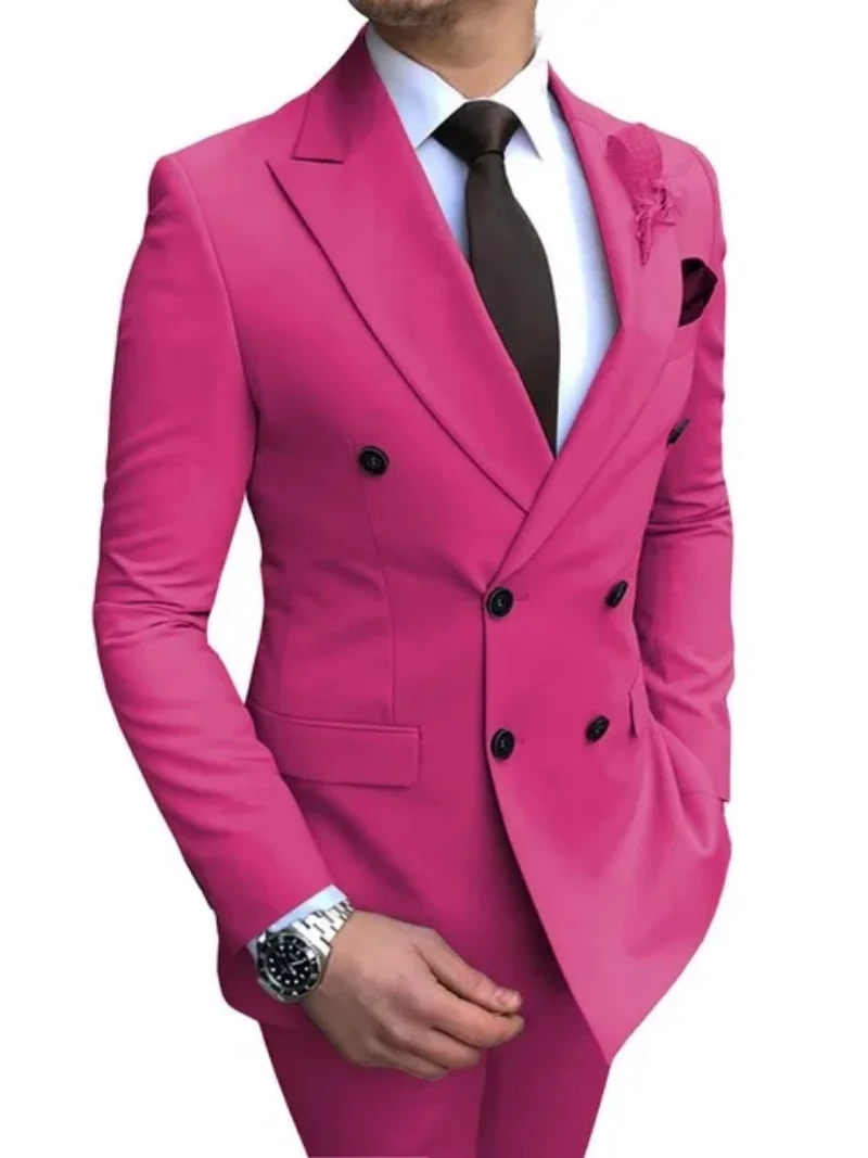 

Новый розово-красный мужской костюм, комплект, приталенный пиджак, красивый мужской деловой свадебный деловой мужской костюм, повседневная одежда из двух предметов (куртка + брюки)