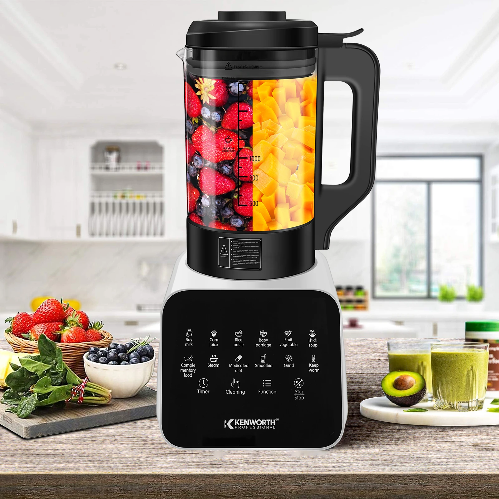 Batidora con temporizador para el hogar, licuadora con pantalla táctil preprogramada de 1200W, exprimidor mezclador de frutas de 1.8L, procesador de