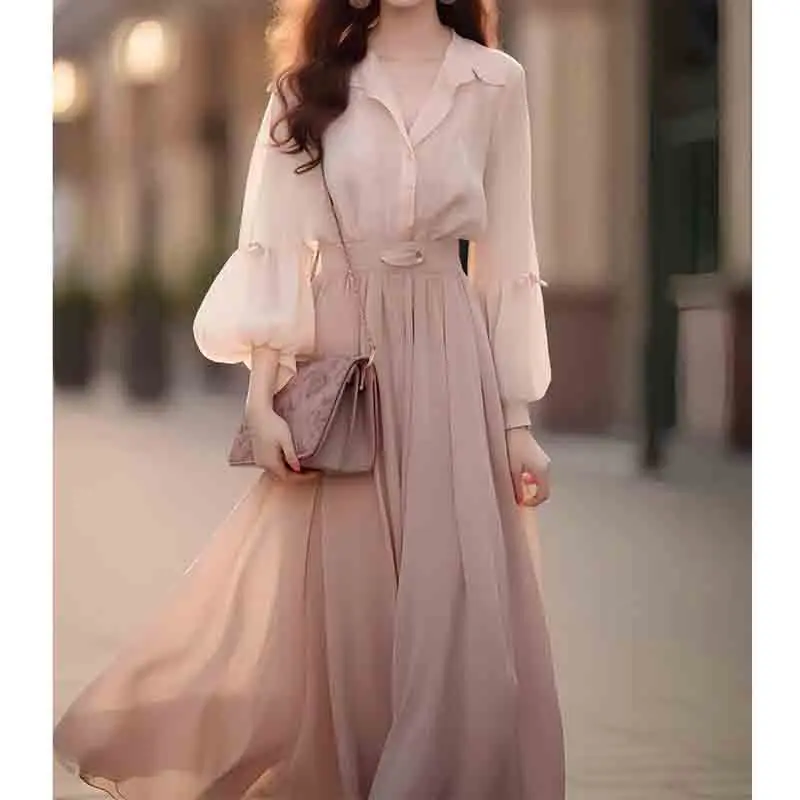 2 Piece Sweet Women Pink Chiffon Skirt Sets Spring Autumn Korean Fashion New Elegant Casual Long Sleeve Office Lady Shirt Suit