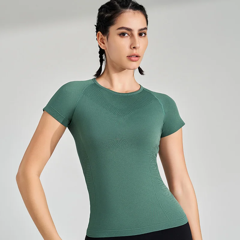 Camiseta de manga corta deportiva de secado rápido para mujer, sudadera transpirable para correr, ropa de gimnasio, Tops de manga corta para Yoga,