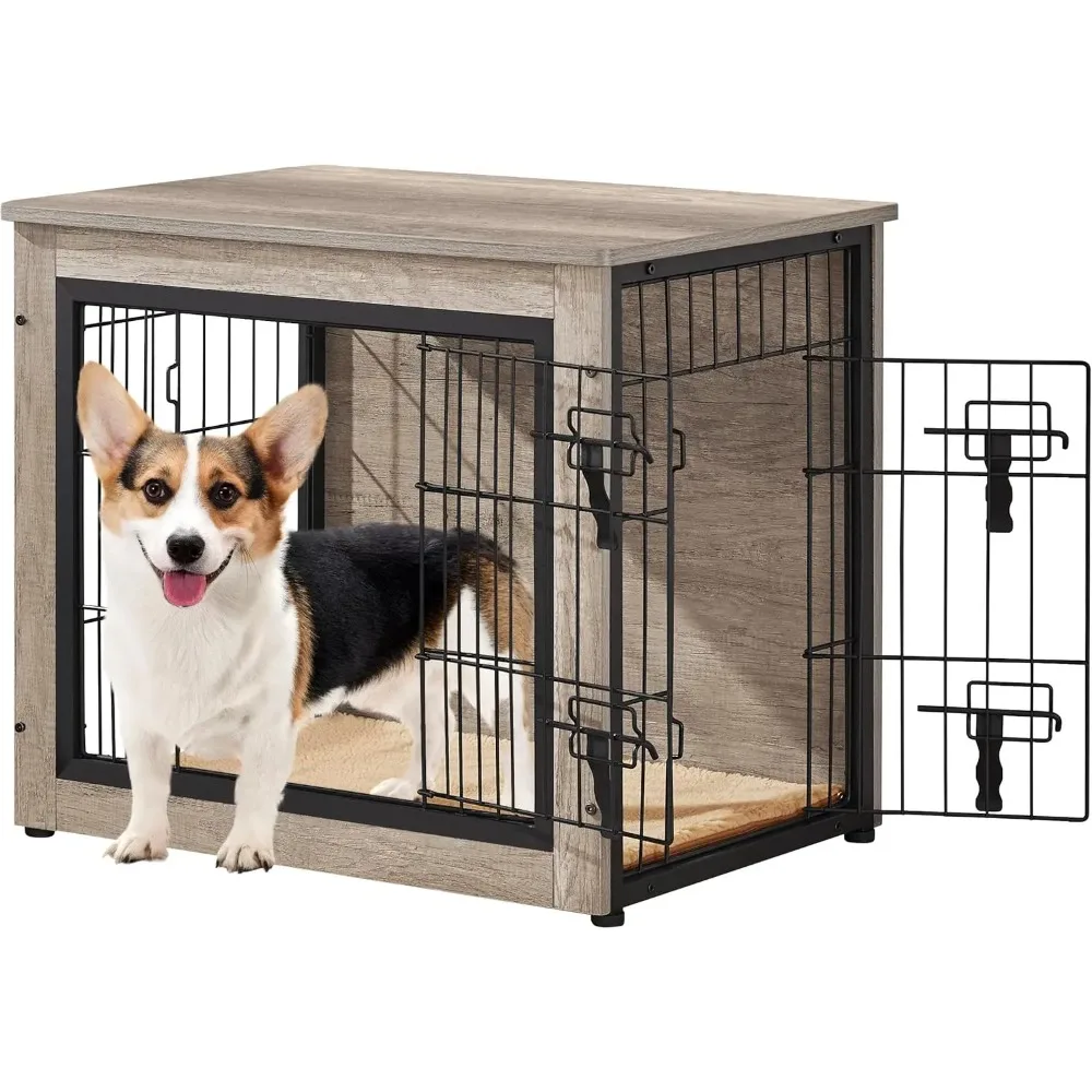 

27.5'' Wooden Dog Crate with Cushion, Double Doors & Adjustable Feet for Small/Medium Dogs, Greige Side Table